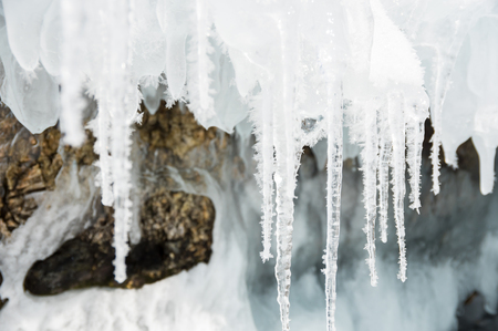 View of icicles on Lake Baikal, Siberia, Russiaの写真素材
