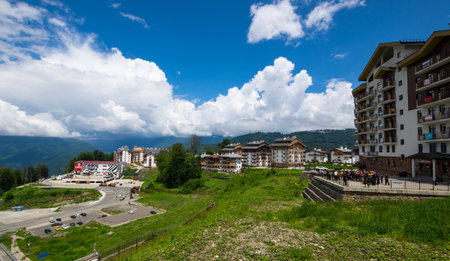 SOCHI, RUSSIA - JUNE 22, 2017: View of  Rosa Khutor mountain ski resort, Sochi, Krasnaya Polyana, Russiaのeditorial素材
