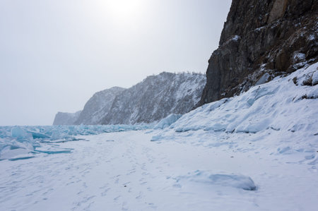 View of Lake Baikal in winter, the deepest and largest freshwater lake by volume in the world,...
