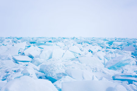 View of Lake Baikal in winter, the deepest and largest freshwater lake by volume in the world,...