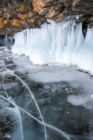 Ice of Lake Baikal, the deepest and largest freshwater lake by volume in the world, located in southern Siberia, Russiaの写真素材