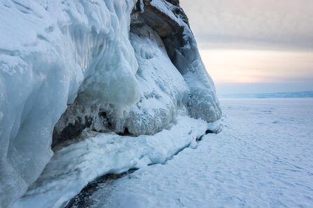 View of Lake Baikal in winter, the deepest and largest freshwater lake by volume in the world, located in southern Siberia, Russiaの写真素材