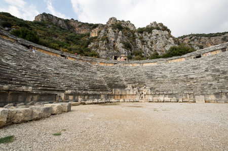 View of ruins of ancient amphitheater in city Myra, Antalya Province of Turkeyのeditorial素材