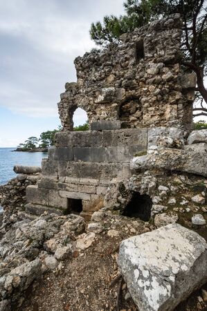Ruins of Phaselis, ancient Greek and Roman city on the coast of ancient Lycia. Its ruins are located north of the modern town Tekirova in the Kemer district of Antalya Province in Turkeyの写真素材