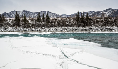 View of river Katun and Altay mountains in the winter, Siberia, Russia