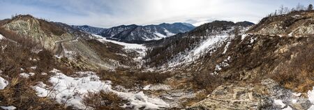 Panoramic view of the valley and mountains from the Chike Taman Pass, Altay, Russiaの写真素材