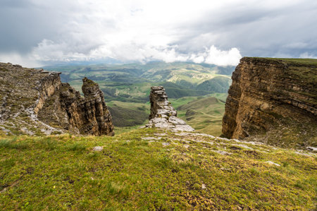 Panoramic view of the Bermamyt Plateau in the Karachay-Cherkessia Republic, Russiaの写真素材
