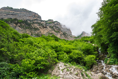Waterfall in Cherek gorge in the Caucasus mountains in Kabardino-Balkaria, Russia
