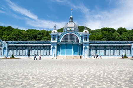 ZHELEZNOVODSK, RUSSIA - MAY 28, 2018: View of Pushkin Gallery in the resort park in the city of Zheleznovodsk, Caucasian Mineral Waters, Russiaのeditorial素材