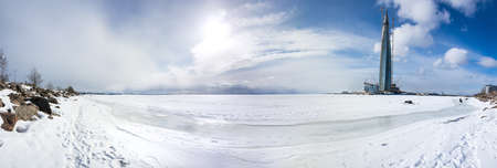 Panoramic view of Lakhta Center and the Finnish Gulf, Saint-Petersburg, Russiaの写真素材