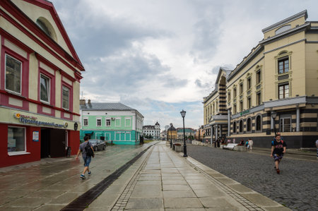 KAZAN, RUSSIA - JULY 16, 2018: View of the street in the historical center of Kazan, capital of Republic Tatarstan, Russiaのeditorial素材