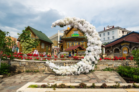 KAZAN, RUSSIA - JULY 16, 2018: View of Tugan Avylym Restaurant Village. It opened in the year of celebrating the 1000th Anniversary of the city and is currently one of the most visited tourist sites in Kazan, Russiaのeditorial素材