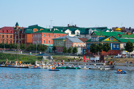 KAZAN, RUSSIA - JULY 16, 2018: Embankment of the lake Nizhny Kaban in the historical center of Kazan, capital of Republic Tatarstan, Russiaのeditorial素材