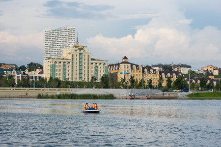 KAZAN, RUSSIA - JULY 16, 2018: Embankment of the lake Nizhny Kaban in the historical center of Kazan, capital of Republic Tatarstan, Russiaのeditorial素材
