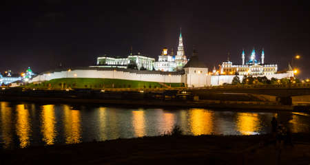 Panoramic view of the Kazan Kremlin in the night, Kazan, Republic of Tatarstan, Russiaの写真素材