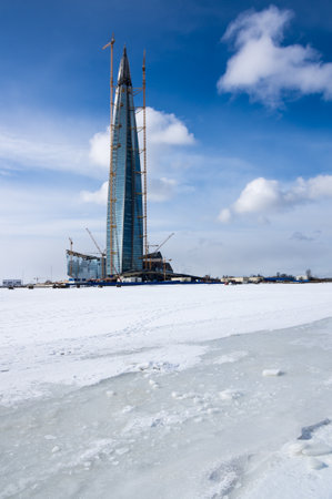 Panoramic view of Lakhta Center and the Finnish Gulf, Saint-Petersburg, Russiaのeditorial素材