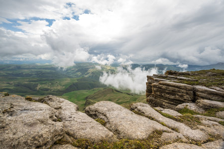 Panoramic view of the Bermamyt Plateau in the Karachay-Cherkessia Republic, Russiaの写真素材