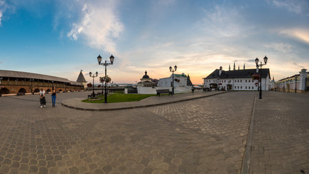 KAZAN, RUSSIA - JULY 16, 2018: Panoramic view of the Kazan Kremlin on sunset, Kazan, Republic of Tatarstan, Russiaのeditorial素材
