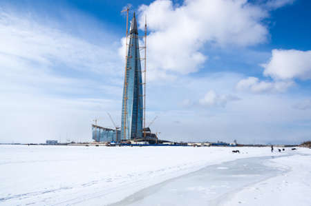 Panoramic view of Lakhta Center and the Finnish Gulf, Saint-Petersburg, Russiaの写真素材