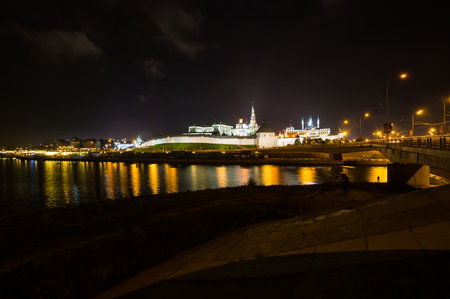 Panoramic view of the Kazan Kremlin in the night, Kazan, Republic of Tatarstan, Russiaのeditorial素材