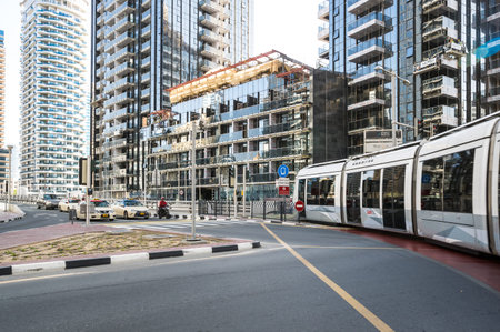 DUBAI, UNITED ARAB EMIRATES - 08 DECEMBER, 2018: View on skyscrapers of Dubai Marina, an artificial...