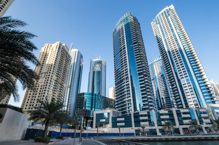 DUBAI, UNITED ARAB EMIRATES - 08 DECEMBER, 2018: View on skyscrapers of Dubai Marina, an artificial...