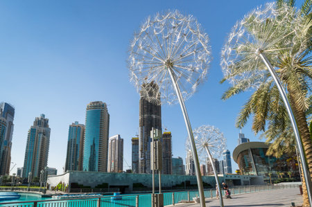 DUBAI, UNITED ARAB EMIRATES - 09 DECEMBER, 2018: Panoramic view with modern skyscrapers in the center of Dubai, United Arab Emiratesのeditorial素材
