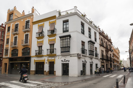 SEVILLE, SPAIN - 08 APRIL, 2019: View of the street in the historical center of Seville, a big tourist center in Spainのeditorial素材