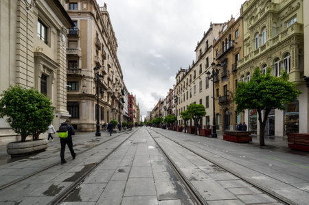 SEVILLE, SPAIN - 08 APRIL, 2019: View of the street in the historical center of Seville, a big tourist center in Spainのeditorial素材