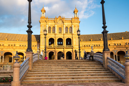SEVILLE, SPAIN - 08 APRIL, 2019: The Plaza de Espana ("Spain Square" in English) is a plaza in the Maria Luisa Park in Seville, Spainのeditorial素材