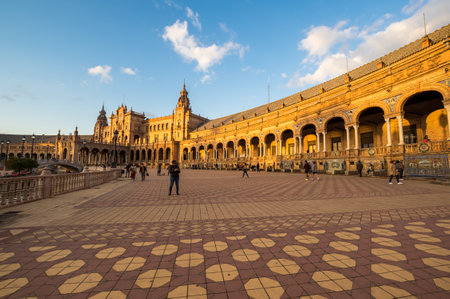 SEVILLE, SPAIN - 08 APRIL, 2019: The Plaza de Espana ("Spain Square" in English) is a plaza in the Maria Luisa Park in Seville, Spainのeditorial素材