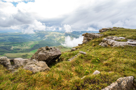 Panoramic view of the Bermamyt Plateau in the Karachay-Cherkessia Republic, Russiaの写真素材