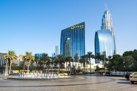 DUBAI, UNITED ARAB EMIRATES - 09 DECEMBER, 2018: Panoramic view with modern skyscrapers in the center of Dubai, United Arab Emiratesのeditorial素材