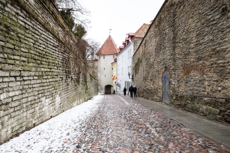 TALLINN, ESTONIA - 23 FEBRUARY, 2019: Street of old Tallinn, capital of Estonia. Old Town is listedのeditorial素材