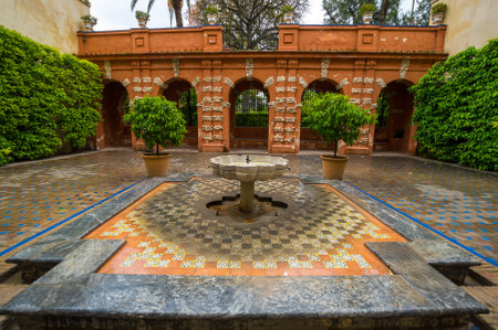 View of the garden in the Alcazar palace of Seville, Spainのeditorial素材