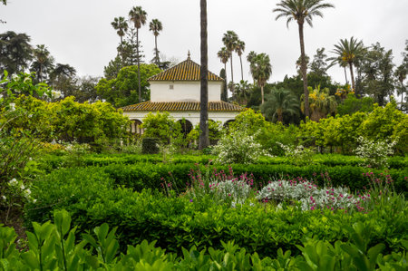 View of the garden in the Alcazar palace of Seville, Spainのeditorial素材