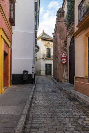 View of the street in the historical center of Seville, a big tourist center in Spainの写真素材