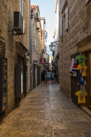BUDVA, MONTENEGRO - 28 JUNE, 2019: View of the street in Old Town of Budva, Montenegroのeditorial素材