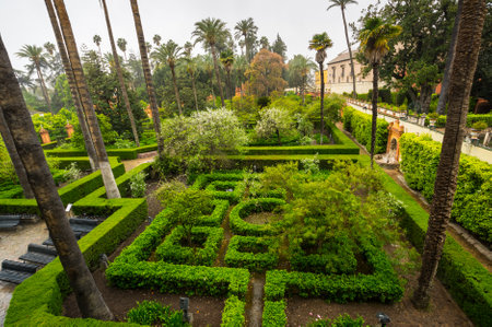 View of the garden in the Alcazar palace of Seville, Spainのeditorial素材