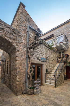 BUDVA, MONTENEGRO - 28 JUNE, 2019: View of the street in Old Town of Budva, Montenegroのeditorial素材