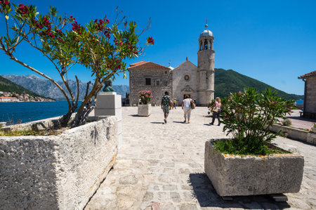 PERAST, MONTENEGRO - 30 JUNE, 2019: Church Our Lady of the Rocks in Perast, in the bay of Kotor, Montenegroのeditorial素材