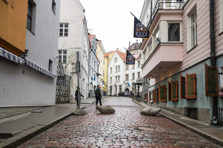 TALLINN, ESTONIA - 24 FEBRUARY, 2019: Street of old Tallinn, capital of Estonia. Old Town is listed in the UNESCO World Heritage Listのeditorial素材