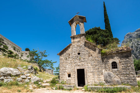 Old church in mountains next to the Fortress of Kotor, Montenegro