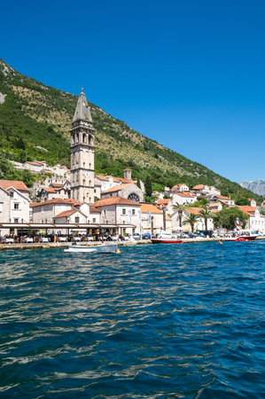 PERAST, MONTENEGRO - 30 JUNE, 2019: Panorama of the Bay of Kotor and the town Perast, Montenegroのeditorial素材