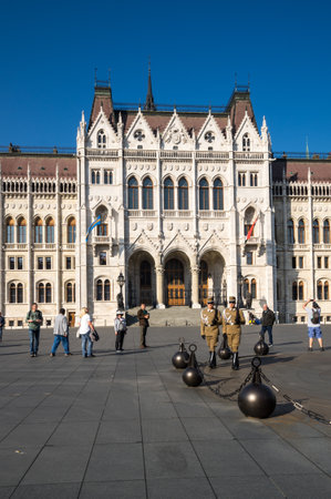 BUDAPEST, HUNGARY - 15 OCTOBER, 2019: The Hungarian Parliament Building is the seat of the National Assembly of Hungary, a notable landmark of Hungary, and a popular tourist destination in Budapestのeditorial素材