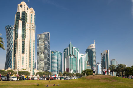 DOHA, QATAR - 30 JANUARY, 2020: Panoramic view with modern skyscrapers in the center of Doha, the...