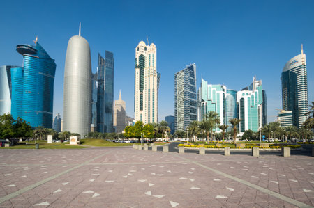 DOHA, QATAR - 30 JANUARY, 2020: Panoramic view with modern skyscrapers in the center of Doha, the capital and most populous city of the State of Qatarのeditorial素材