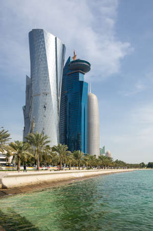 Panoramic view with modern skyscrapers in the center of Doha, the capital and most populous city of the State of Qatarの写真素材