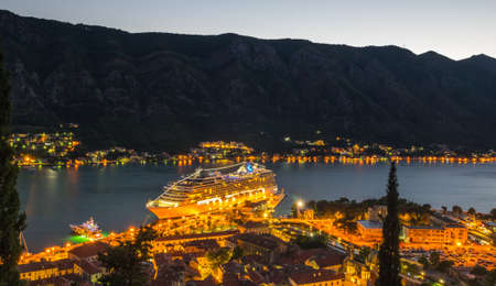 Panorama of the Bay of Kotor and the town on sunset, Montenegroの写真素材