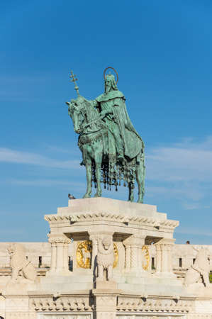 Statue of Saint Stephen I in Front of Fisherman's Bastion, Budapest, Hungaryの写真素材
